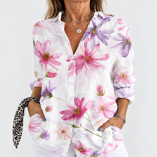 Dunya — Pink and Lilac Cosmos Floral Button-Up Blouse