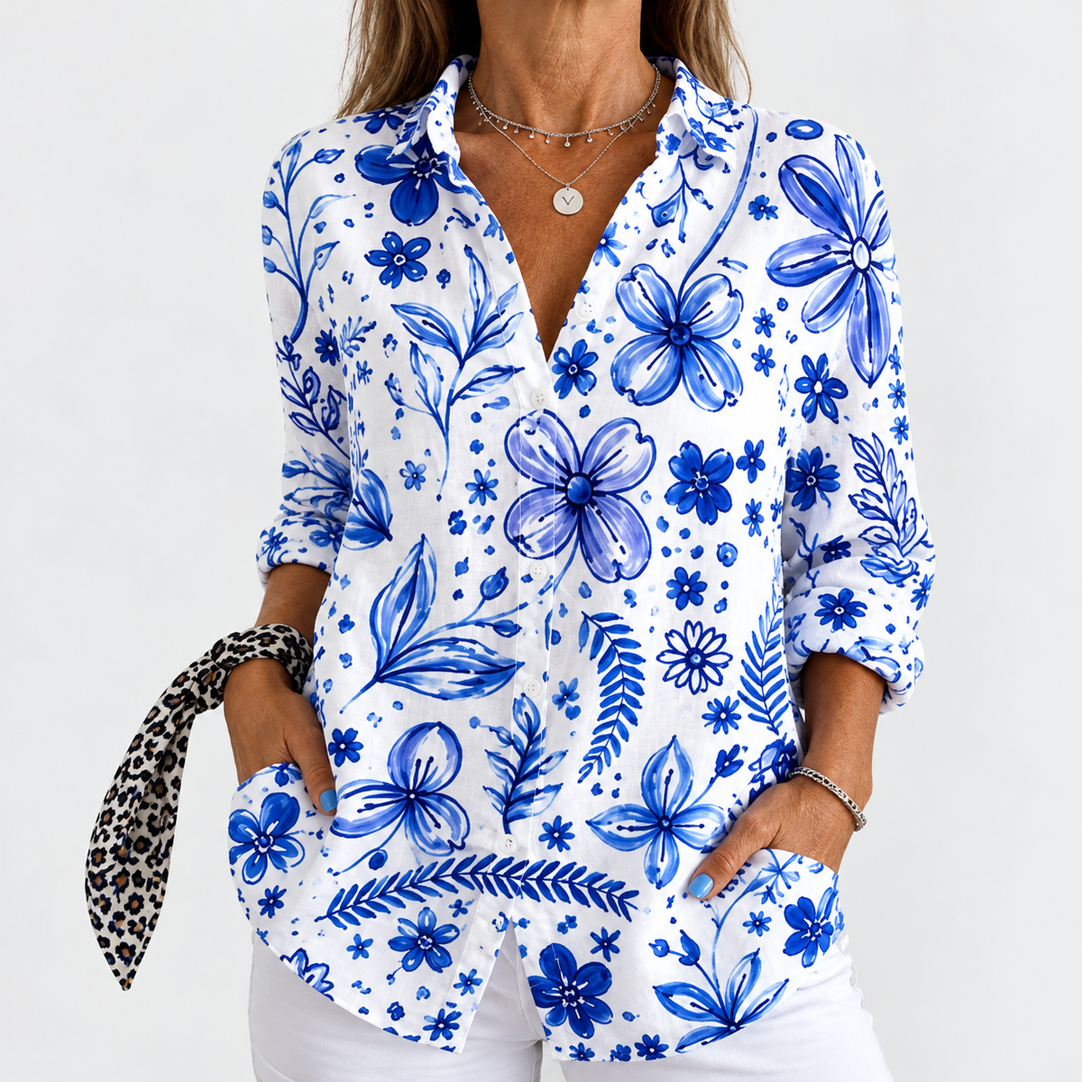 Veronique — Cobalt Blue and White Floral Print Button-Up Blouse
