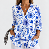 Veronique — Cobalt Blue and White Floral Print Button-Up Blouse