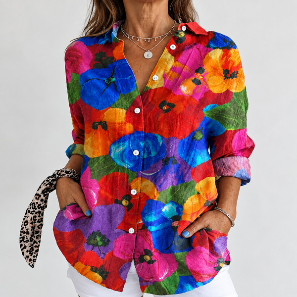 Radegund — Bright Red, Orange and Blue Floral Button-Up Blouse