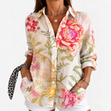 Priscille — Peony and Rose Botanical Print Button-Up Blouse
