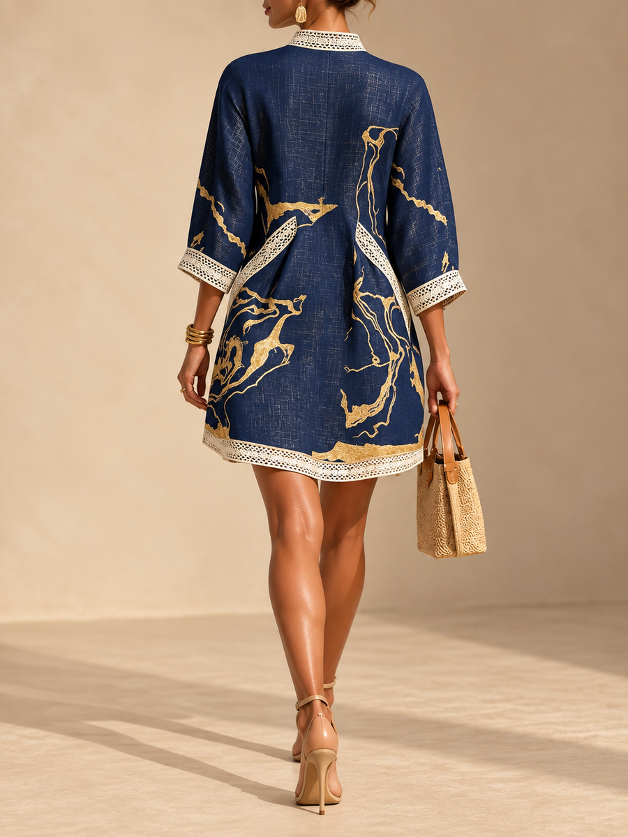Kaatje — Navy Gold-Print V-Neck Tunic Mini Dress with Trim Detail