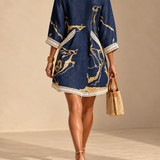 Kaatje — Navy Gold-Print V-Neck Tunic Mini Dress with Trim Detail