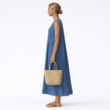 Alecia — Denim-Blue Pleated Sleeveless Midi Dress