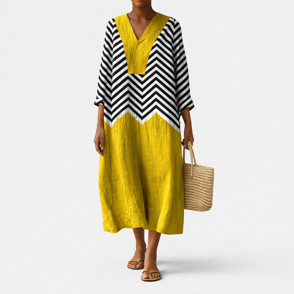 Dixie — Black and White Chevron Yellow-Block V-Neck Boho Maxi Dress