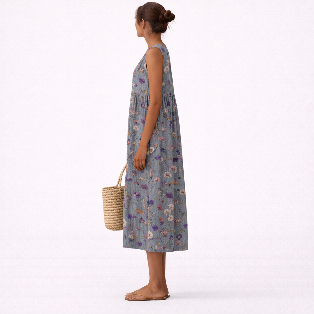 Alberta — Grey Ditsy Floral Sleeveless Midi Dress