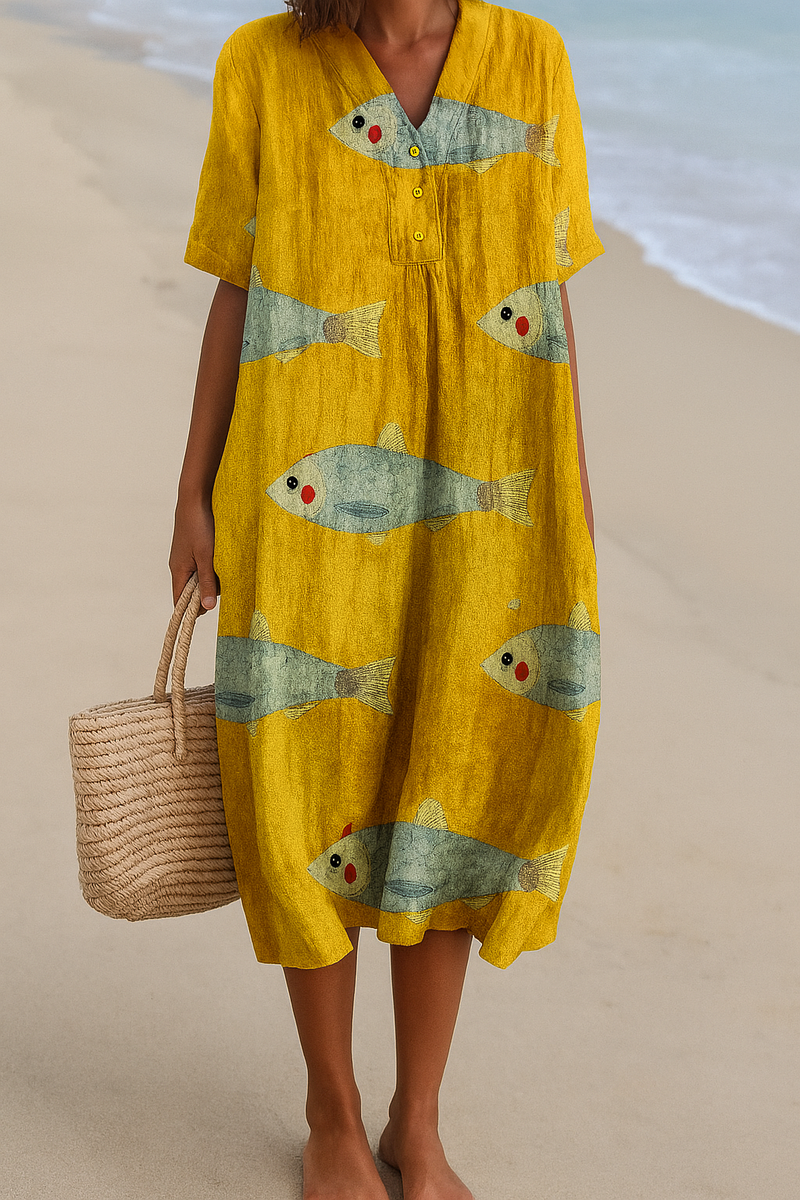 Brigid — Yellow Fish-Print Midi Dress