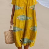 Brigid — Yellow Fish-Print Midi Dress