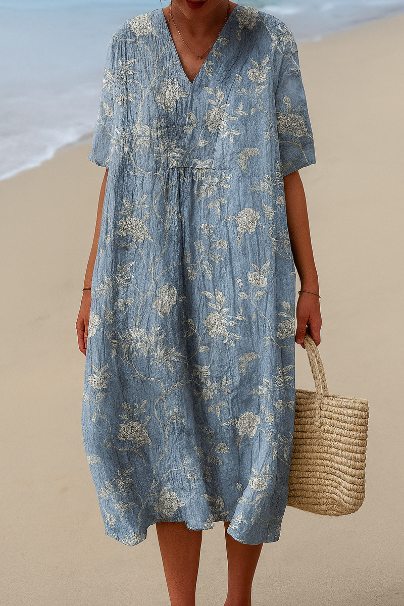 Harriette — Powder Blue Vintage-Print Midi Dress