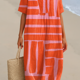 Wilhelmine — Orange and Pink Block-Stripe Midi Dress