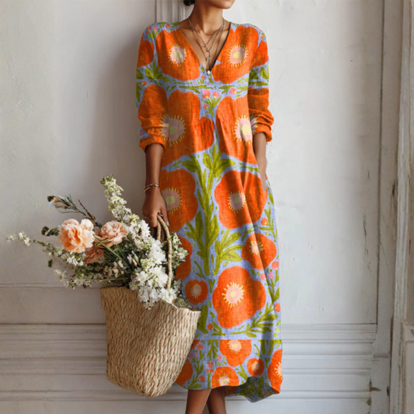 Chana — Orange Poppy-Print V-Neck Boho Maxi Dress