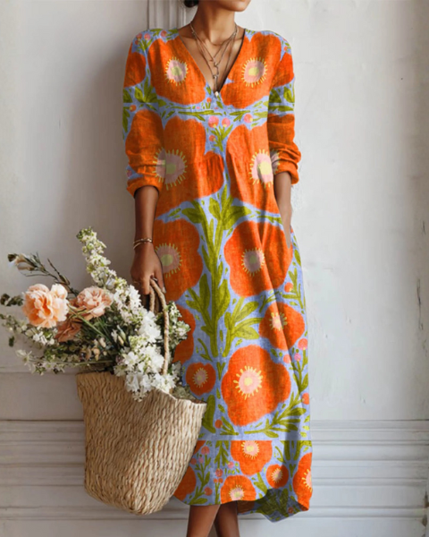 Chana — Orange Poppy-Print V-Neck Boho Maxi Dress