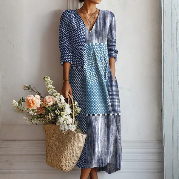 Aida — Blue Patchwork-Dot V-Neck Boho Maxi Dress
