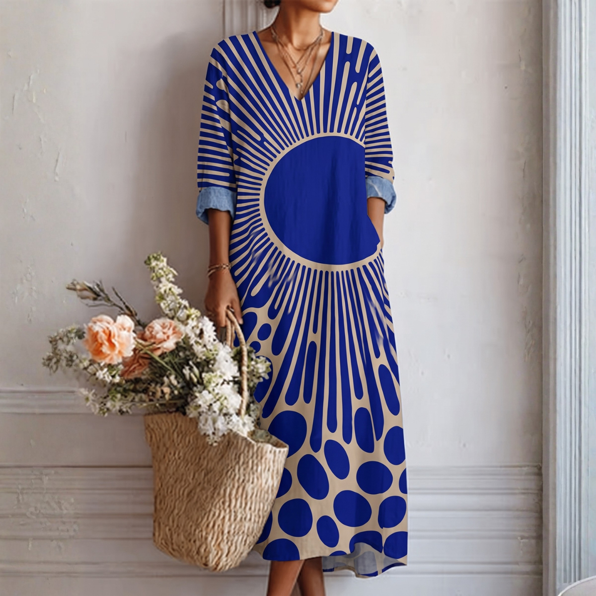 Alaina — Blue Sunburst-Print V-Neck Boho Maxi Dress