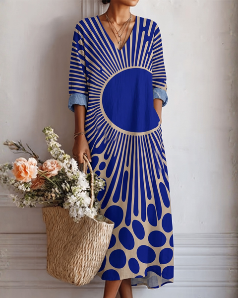 Alaina — Blue Sunburst-Print V-Neck Boho Maxi Dress