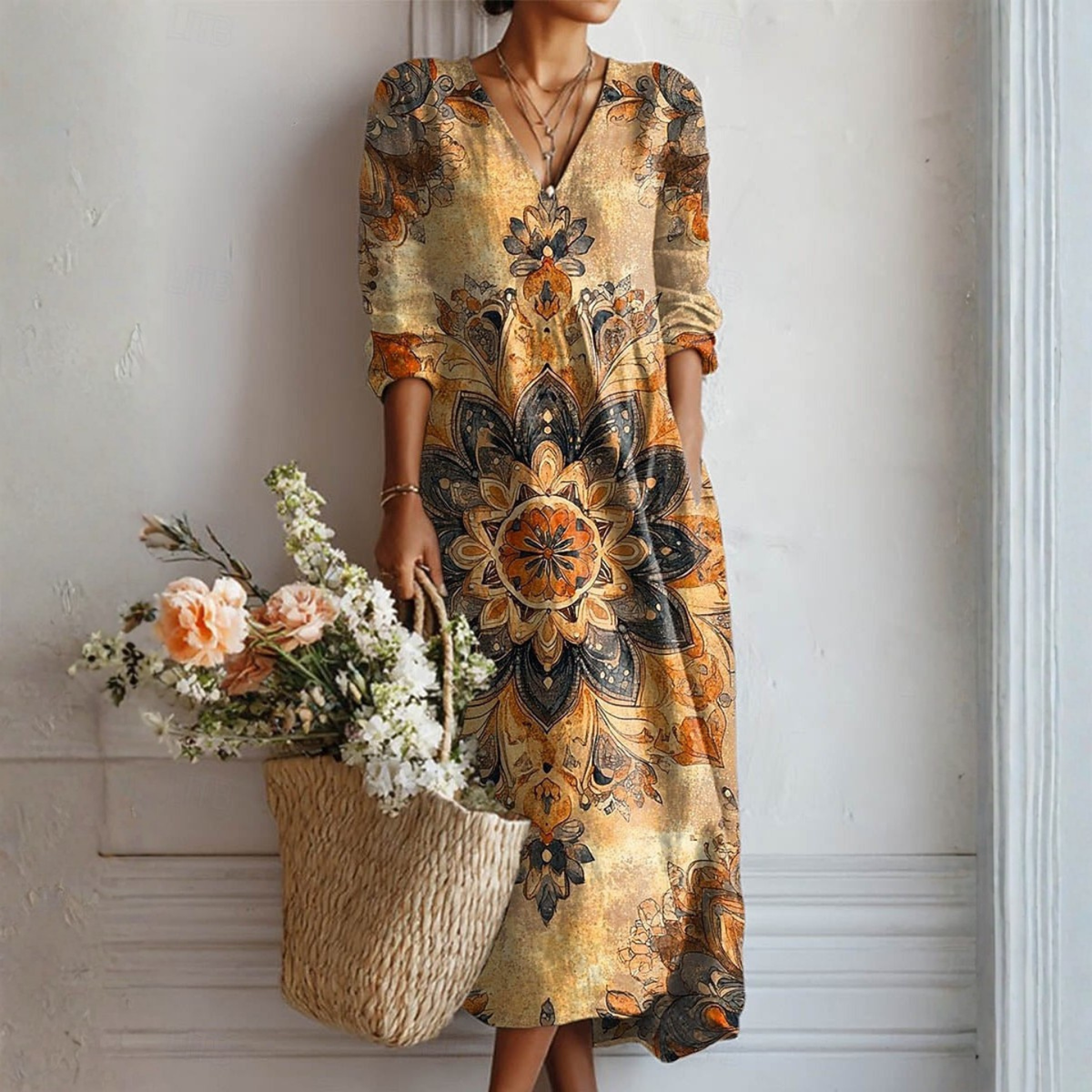 Cheyenne — Golden Mandala Sunburst V-Neck Boho Maxi Dress
