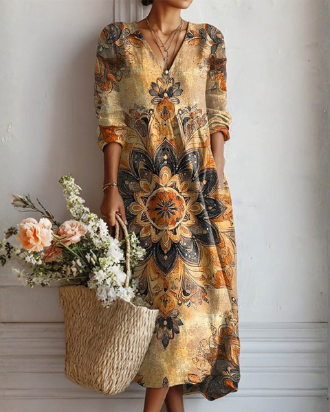 Cheyenne — Golden Mandala Sunburst V-Neck Boho Maxi Dress