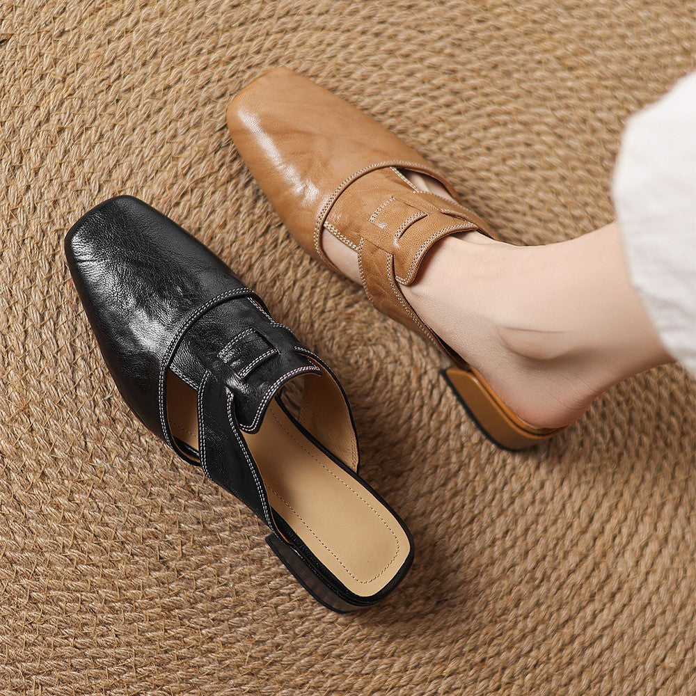 Brianna — Crinkle Square-Toe Block-Heel Mules