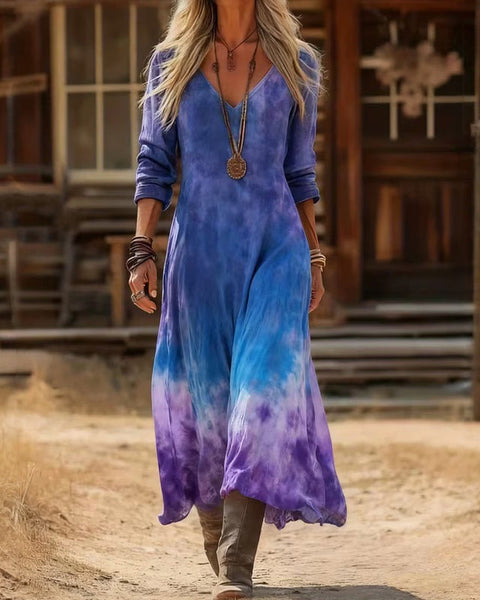 Henrika — Blue and Purple Ombre Tie-Dye Boho Maxi Dress