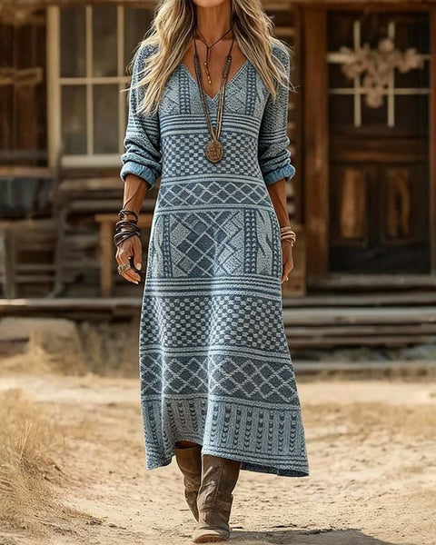 Annelise — Powder Blue Geometric-Print Boho Maxi Dress