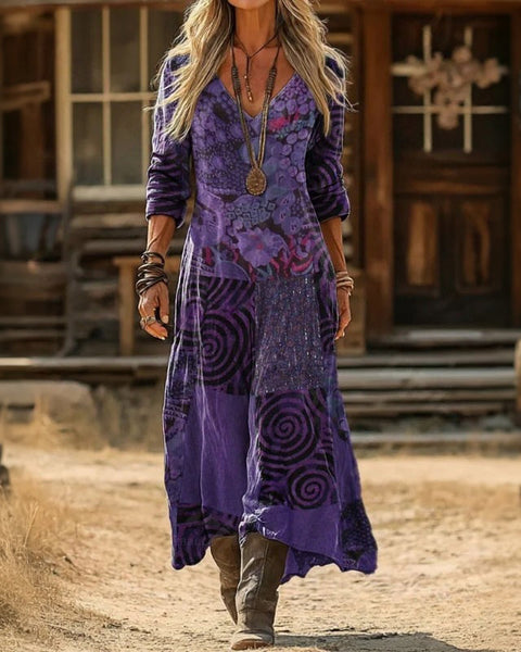 Sophronia — Purple Mandala-Print Boho Maxi Dress