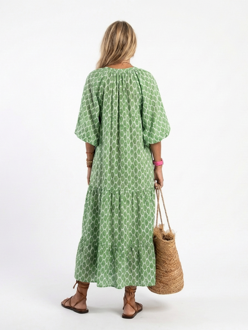 Florentina — Printed V-Neck Midi Dress with Puff Sleeves