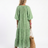 Florentina — Printed V-Neck Midi Dress with Puff Sleeves
