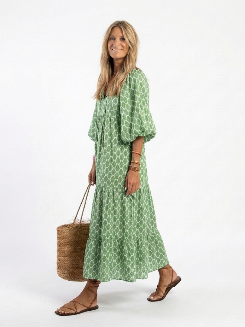 Florentina — Printed V-Neck Midi Dress with Puff Sleeves