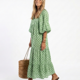 Florentina — Printed V-Neck Midi Dress with Puff Sleeves