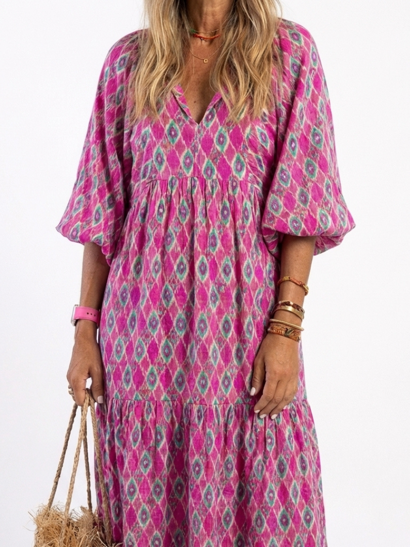 Florentina — Printed V-Neck Midi Dress with Puff Sleeves