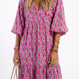 Florentina — Printed V-Neck Midi Dress with Puff Sleeves