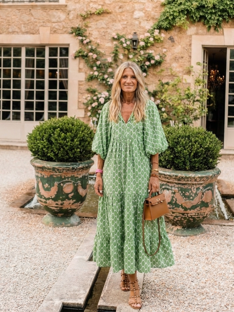 Florentina — Printed V-Neck Midi Dress with Puff Sleeves