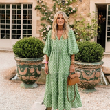 Florentina — Printed V-Neck Midi Dress with Puff Sleeves