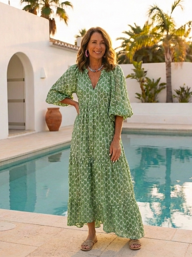 Florentina — Printed V-Neck Midi Dress with Puff Sleeves