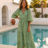 Florentina — Printed V-Neck Midi Dress with Puff Sleeves