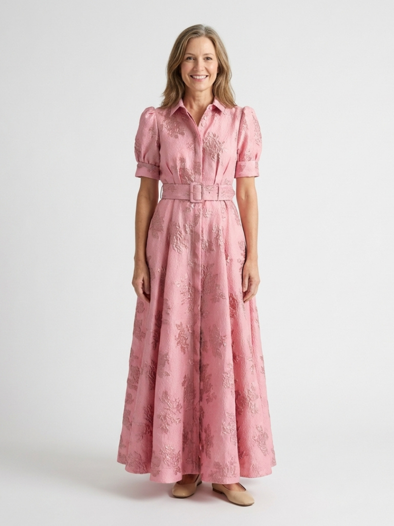 Lovisa — Pink Collared Maxi Shirt Dress with Short Sleeves and Tonal Floral Pattern
