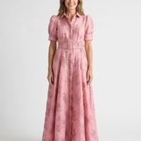 Lovisa — Pink Collared Maxi Shirt Dress with Short Sleeves and Tonal Floral Pattern