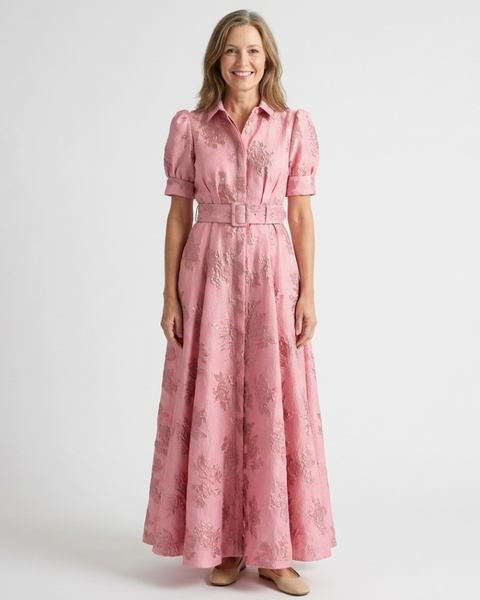 Lovisa — Pink Collared Maxi Shirt Dress with Short Sleeves and Tonal Floral Pattern