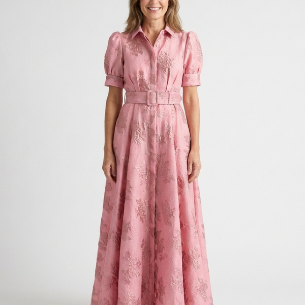 Lovisa — Pink Collared Maxi Shirt Dress with Short Sleeves and Tonal Floral Pattern
