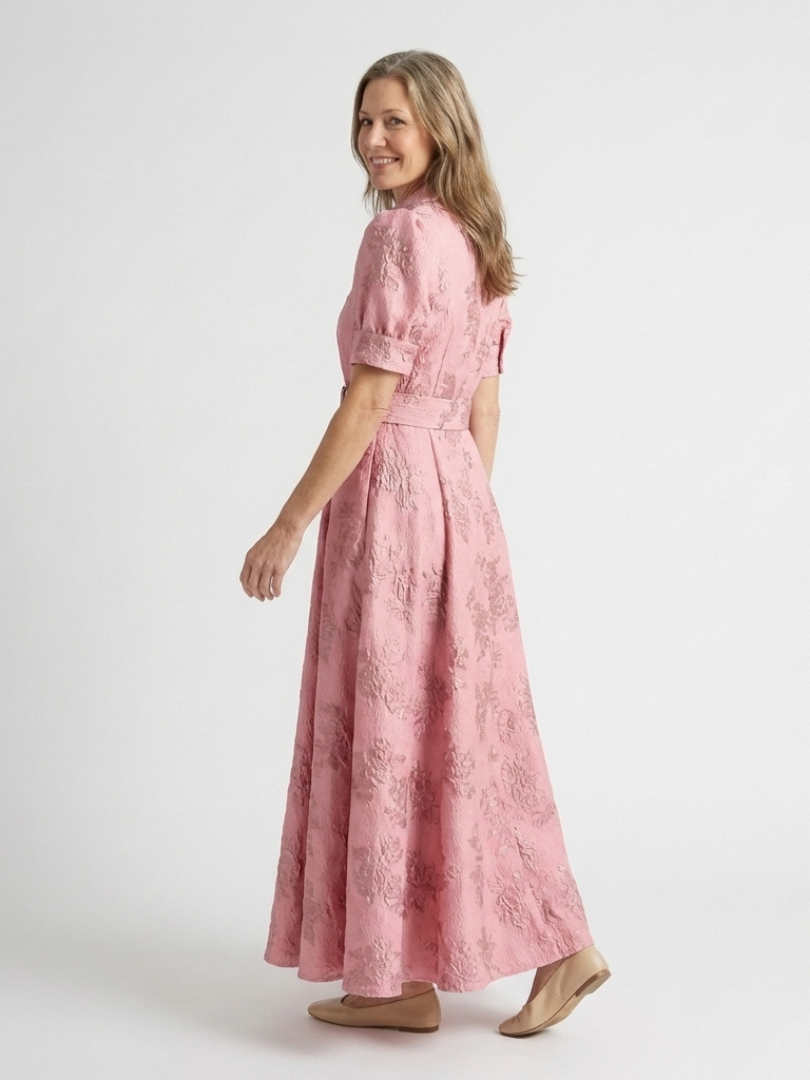Lovisa — Pink Collared Maxi Shirt Dress with Short Sleeves and Tonal Floral Pattern