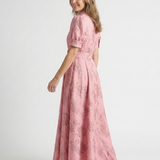Lovisa — Pink Collared Maxi Shirt Dress with Short Sleeves and Tonal Floral Pattern