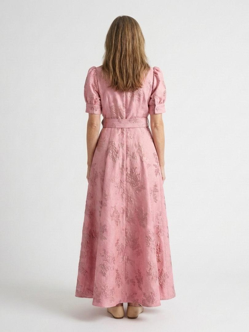 Lovisa — Pink Collared Maxi Shirt Dress with Short Sleeves and Tonal Floral Pattern