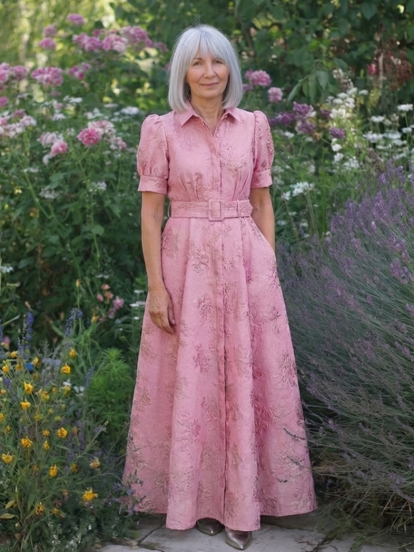 Lovisa — Pink Collared Maxi Shirt Dress with Short Sleeves and Tonal Floral Pattern