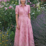 Lovisa — Pink Collared Maxi Shirt Dress with Short Sleeves and Tonal Floral Pattern