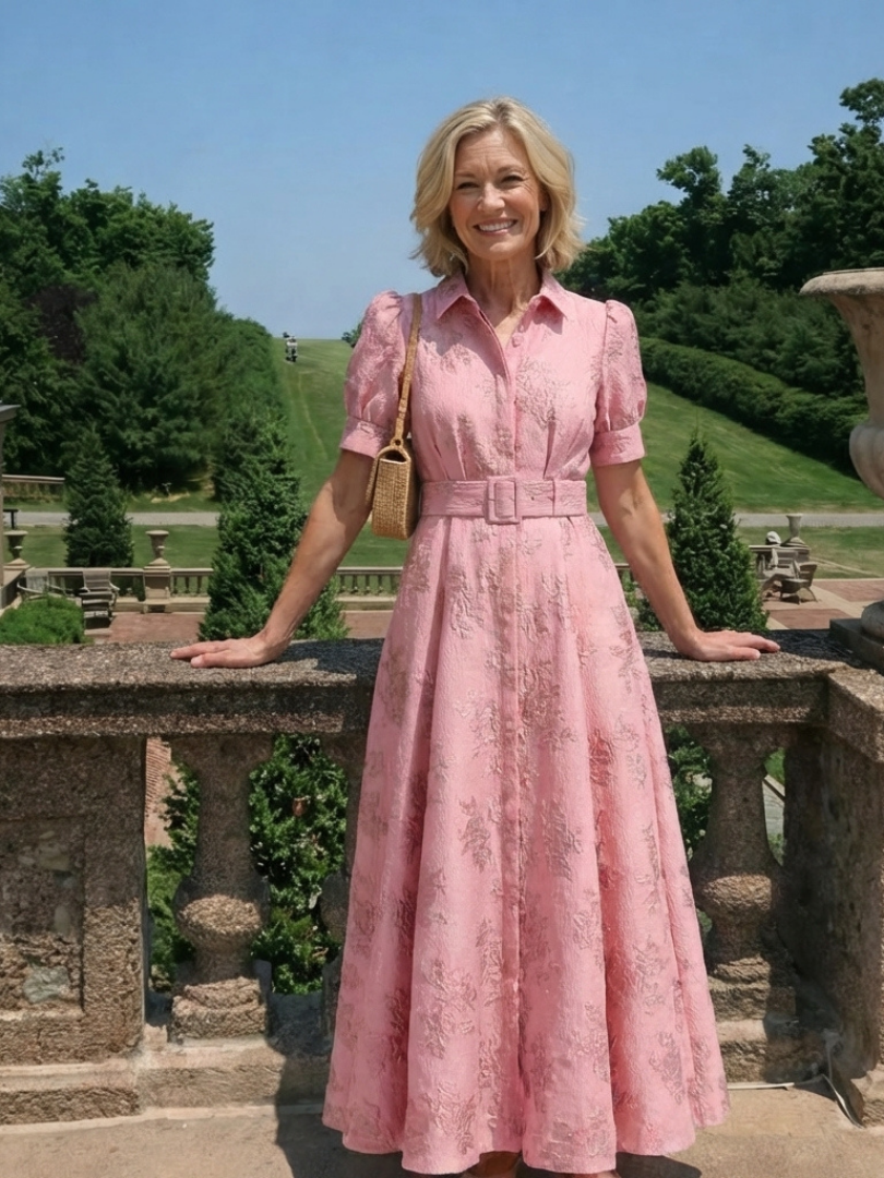 Lovisa — Pink Collared Maxi Shirt Dress with Short Sleeves and Tonal Floral Pattern