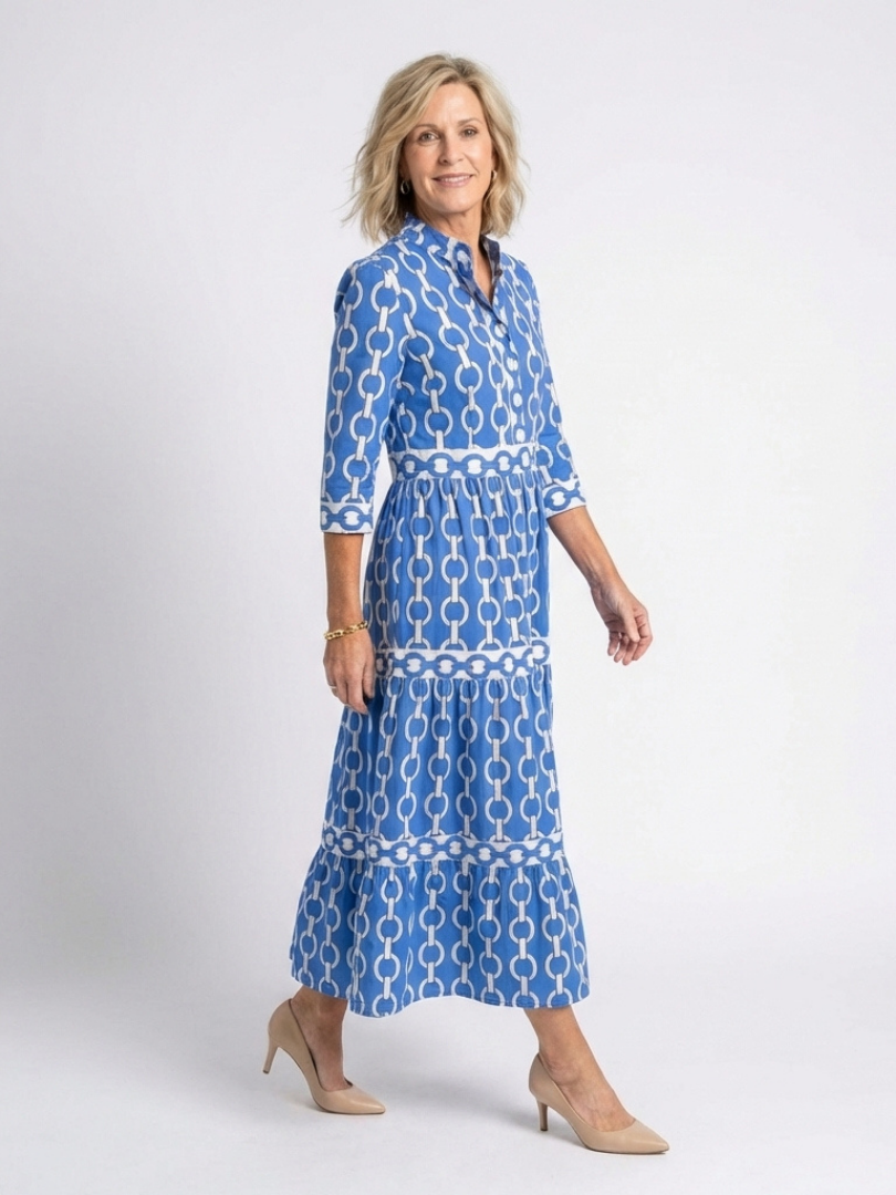 Angharad — Block-Print Tiered Maxi Dress with Notch Neckline and Contrast Trim