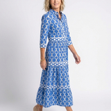 Angharad — Block-Print Tiered Maxi Dress with Notch Neckline and Contrast Trim