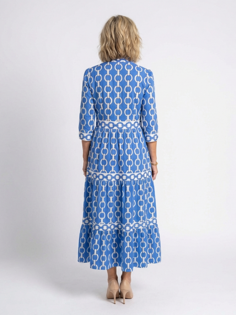 Angharad — Block-Print Tiered Maxi Dress with Notch Neckline and Contrast Trim