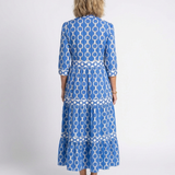 Angharad — Block-Print Tiered Maxi Dress with Notch Neckline and Contrast Trim