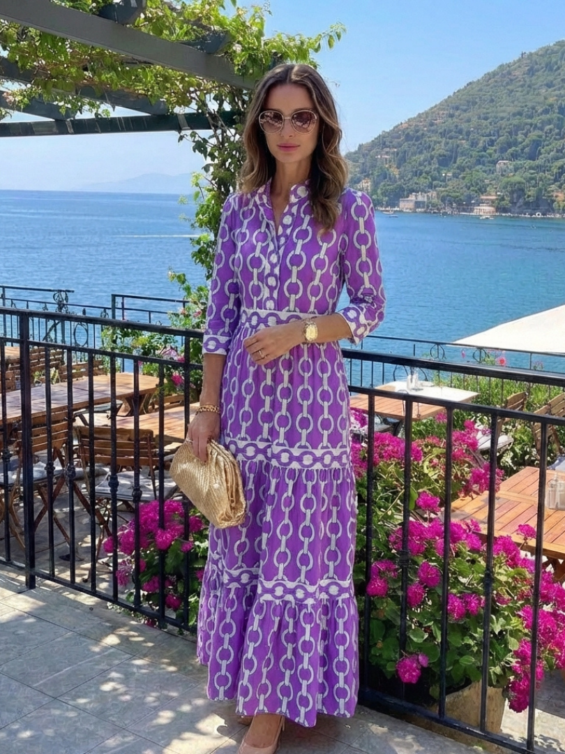 Angharad — Block-Print Tiered Maxi Dress with Notch Neckline and Contrast Trim